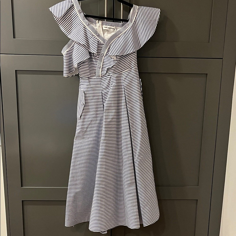 Self-Portrait Navy and White Striped Midi Dress